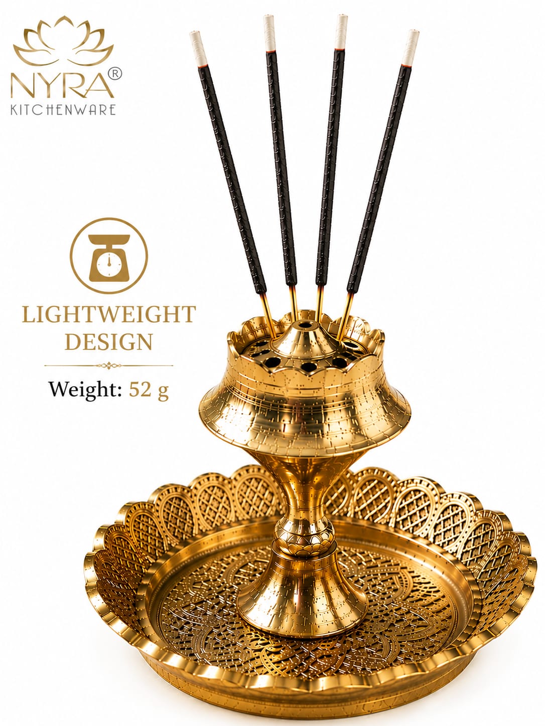 Gold-toned NYRA kitchenware incense holder and tray set with five incense sticks, shown on a white background with product text and logo overlays.