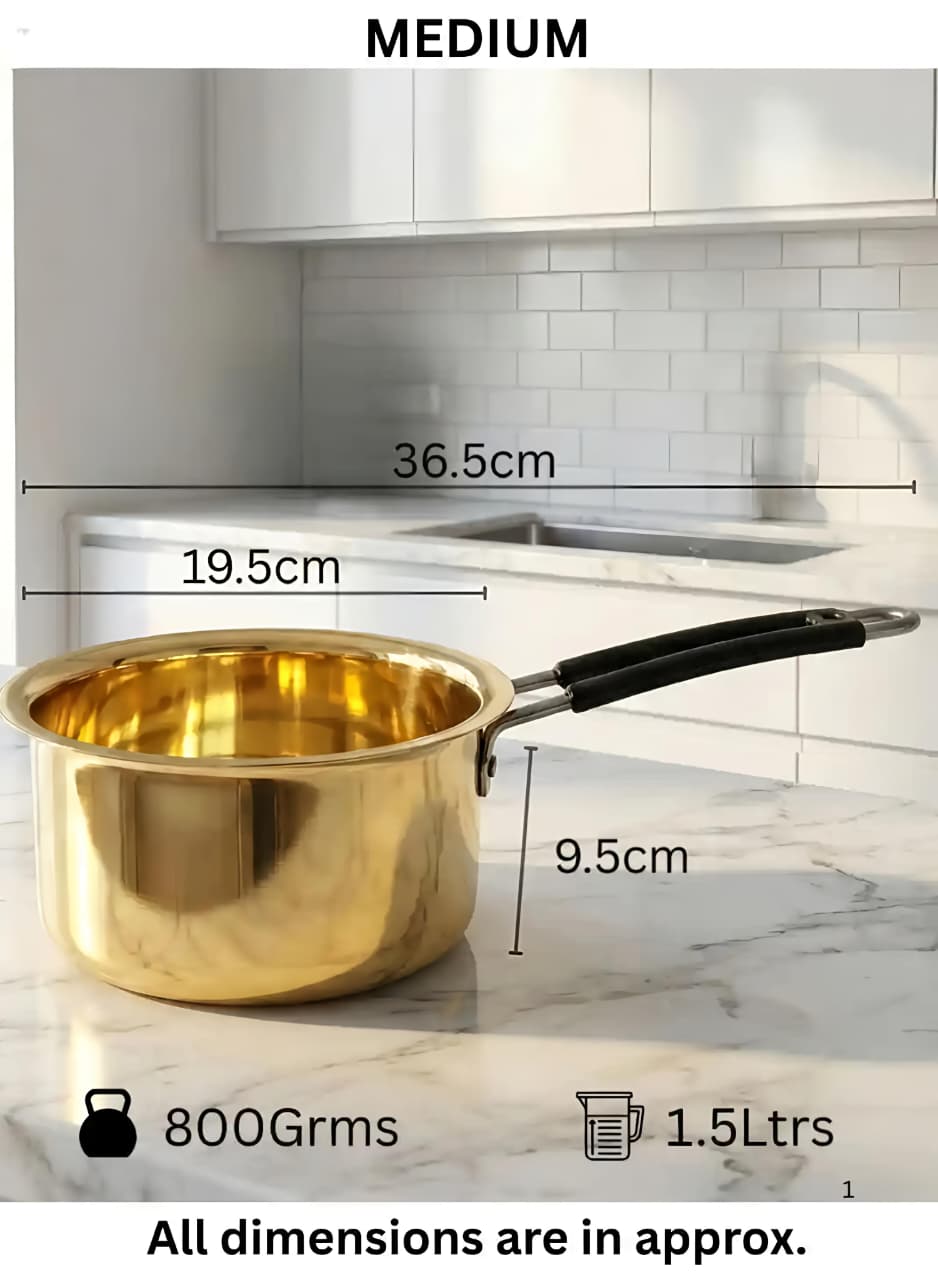 Pure Brass Saucepan - Thick Gauge Body, Ergonomic Heat‑Resistant Black Handle, Gas Stove Compatible | Traditional Indian Cookware