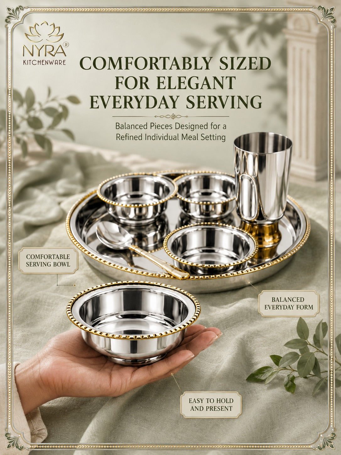 Stainless-Steel Two-Tone Thali Set with Brass detailing – 7 Pcs Set