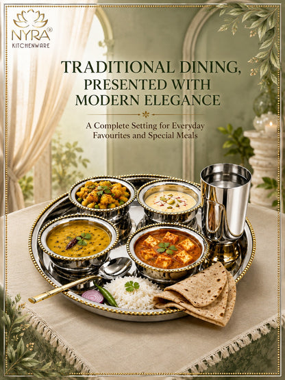 Stainless-Steel Two-Tone Thali Set with Brass detailing – 7 Pcs Set