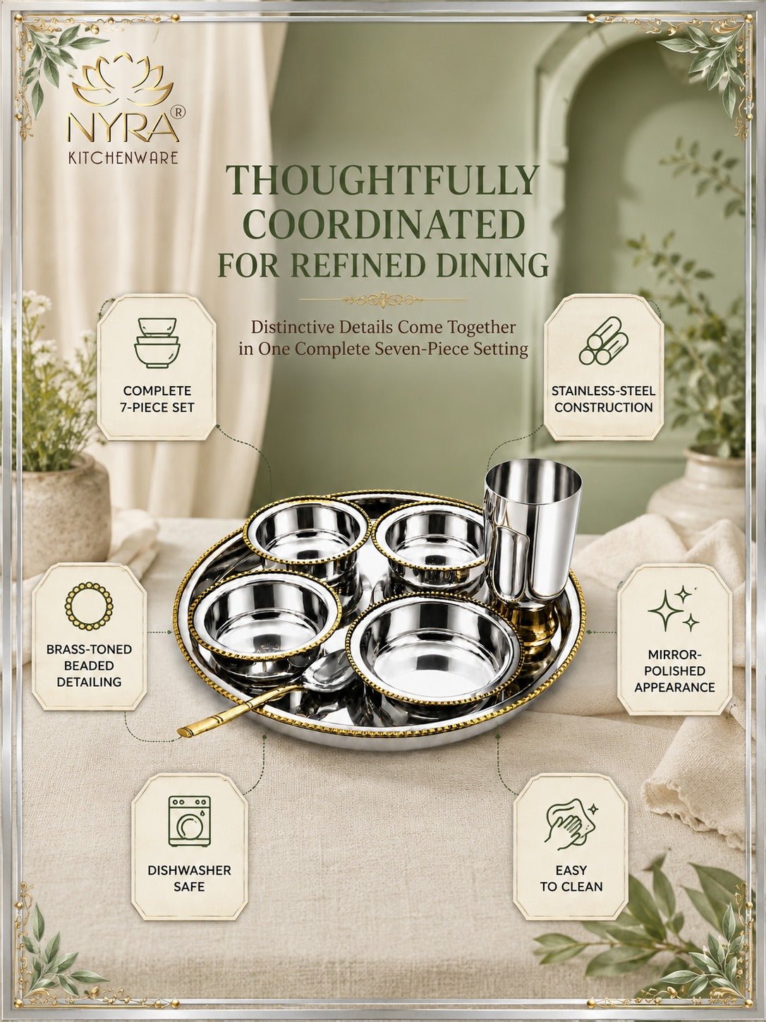 Stainless-Steel Two-Tone Thali Set with Brass detailing – 7 Pcs Set