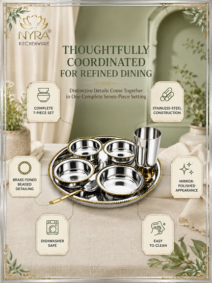 Stainless-Steel Two-Tone Thali Set with Brass detailing – 7 Pcs Set