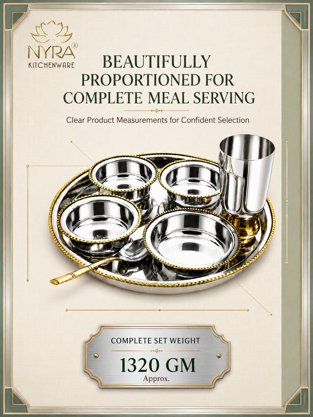 Stainless-Steel Two-Tone Thali Set with Brass detailing – 7 Pcs Set