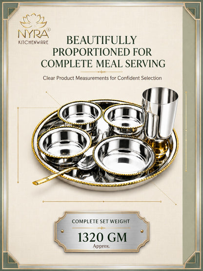 Stainless-Steel Two-Tone Thali Set with Brass detailing – 7 Pcs Set