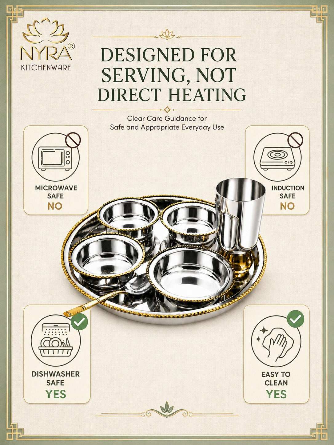 Stainless-Steel Two-Tone Thali Set with Brass detailing – 7 Pcs Set