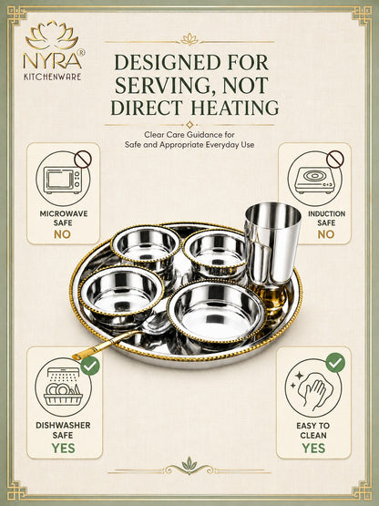 Stainless-Steel Two-Tone Thali Set with Brass detailing – 7 Pcs Set