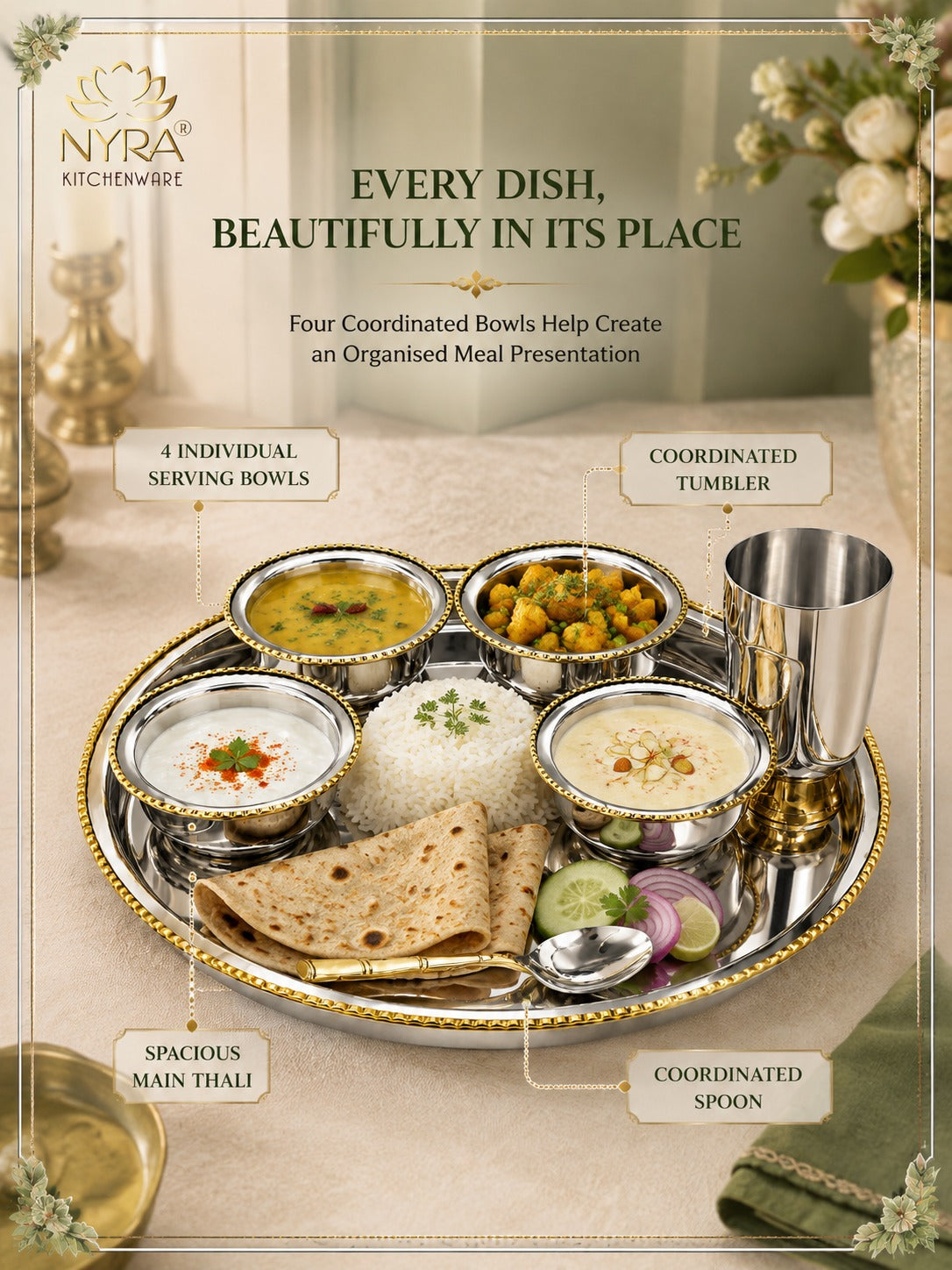 Stainless-Steel Two-Tone Thali Set with Brass detailing – 7 Pcs Set