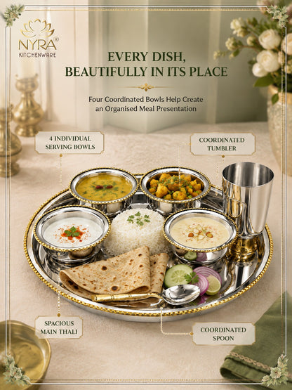 Stainless-Steel Two-Tone Thali Set with Brass detailing – 7 Pcs Set