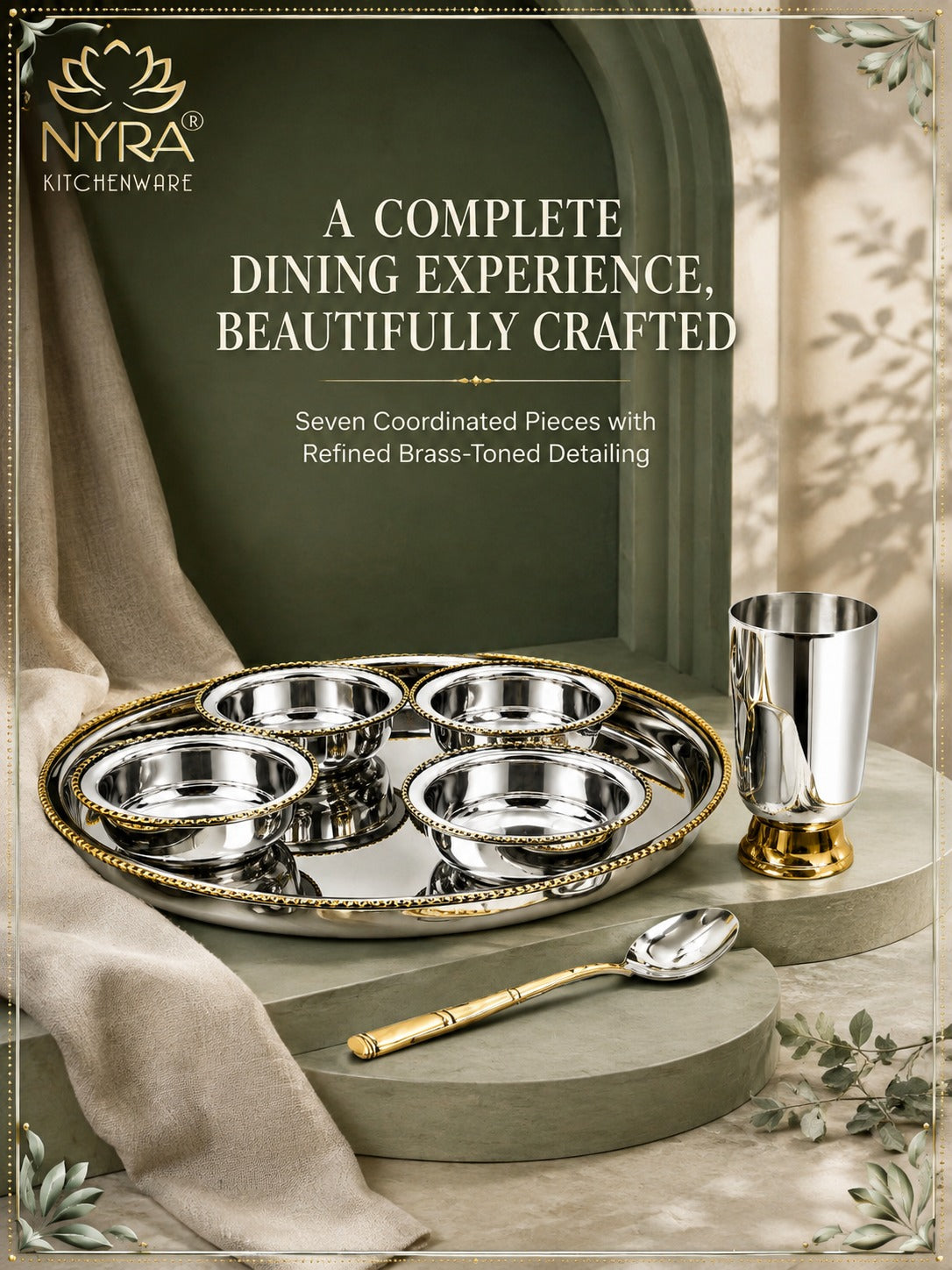 Stainless-Steel Two-Tone Thali Set with Brass detailing – 7 Pcs Set
