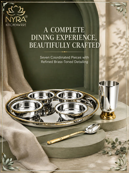 Stainless-Steel Two-Tone Thali Set with Brass detailing – 7 Pcs Set