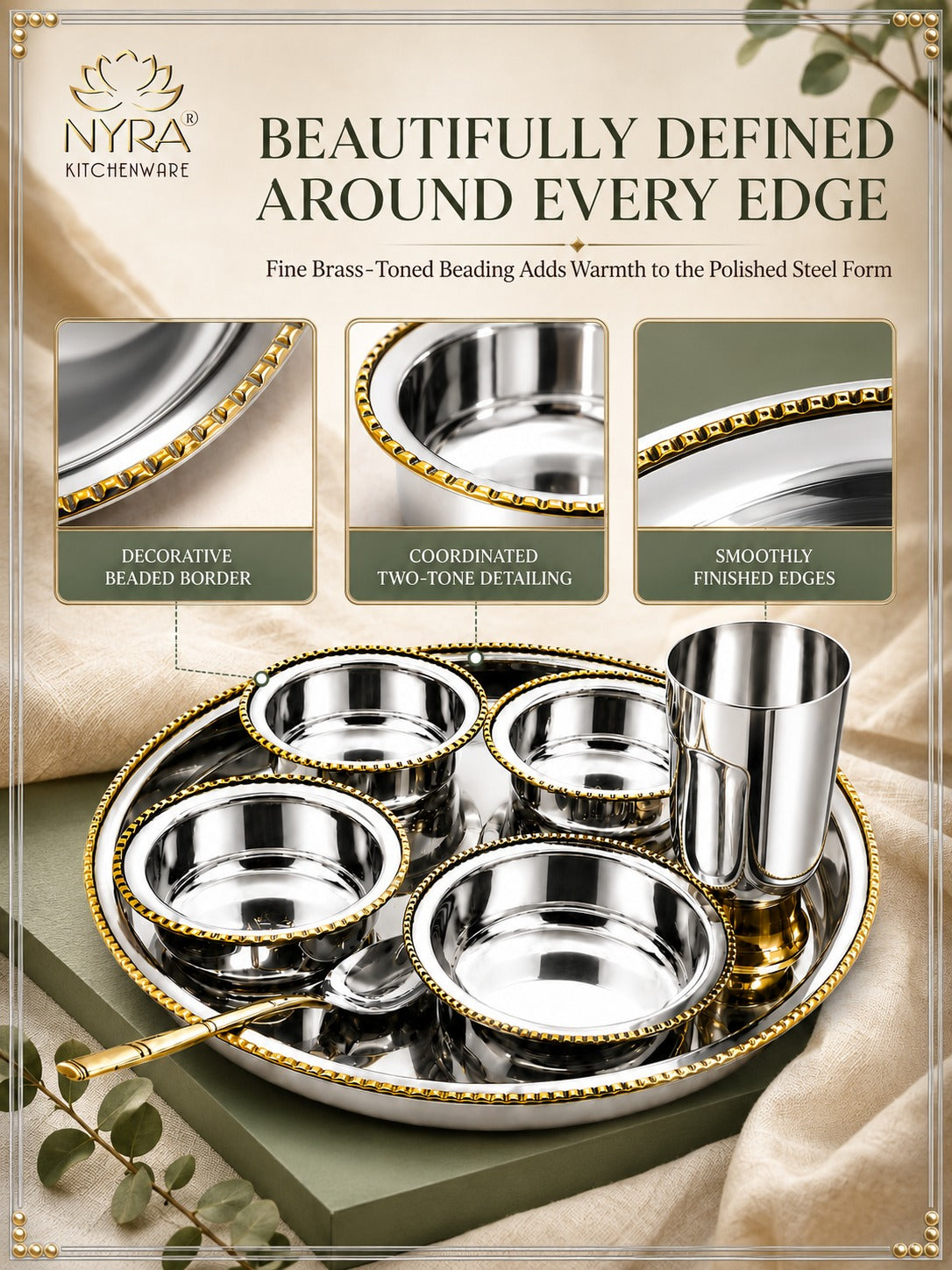 Stainless-Steel Two-Tone Thali Set with Brass detailing – 7 Pcs Set