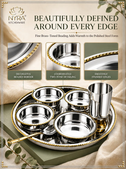 Stainless-Steel Two-Tone Thali Set with Brass detailing – 7 Pcs Set