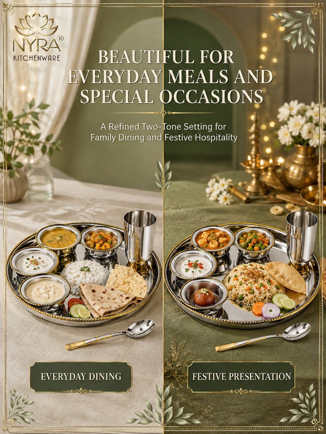 Stainless-Steel Two-Tone Thali Set with Brass detailing – 7 Pcs Set