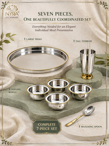 Stainless-Steel Two-Tone Thali Set with Brass detailing – 7 Pcs Set