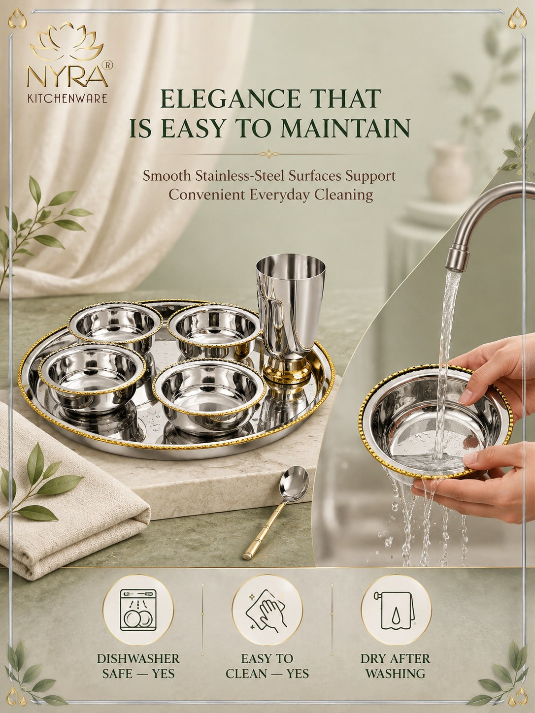 Stainless-Steel Two-Tone Thali Set with Brass detailing – 7 Pcs Set