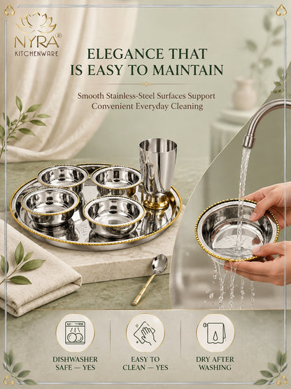 Stainless-Steel Two-Tone Thali Set with Brass detailing – 7 Pcs Set