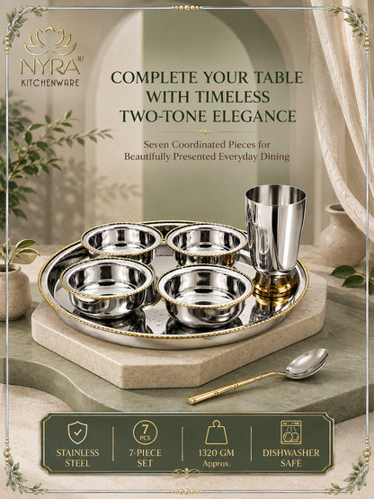 Stainless-Steel Two-Tone Thali Set with Brass detailing – 7 Pcs Set