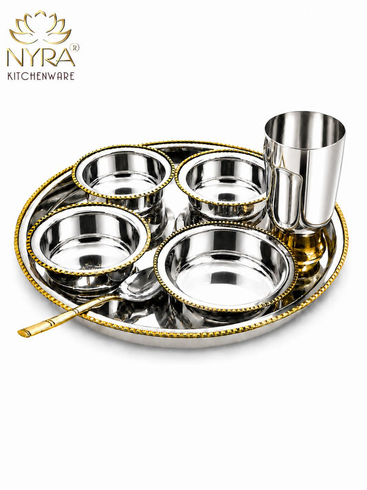Stainless-Steel Two-Tone Thali Set with Brass detailing – 7 Pcs Set