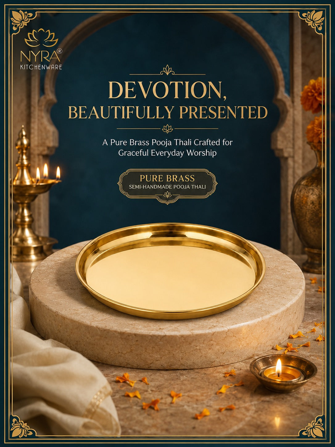 Pure Brass Pooja Thali | Semi-Handmade Pital Aarti Plate for Worship