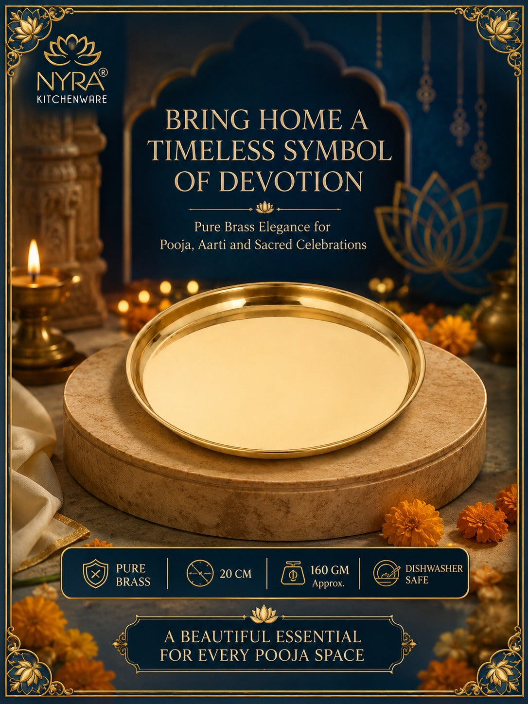 Pure Brass Pooja Thali | Semi-Handmade Pital Aarti Plate for Worship
