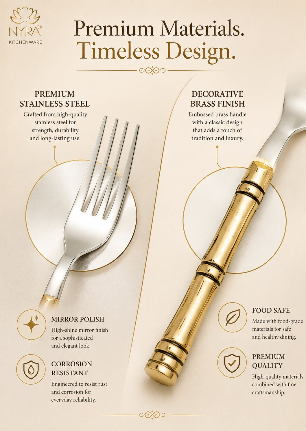 Stainless Steel Brass Traditional Cutlery Set of 15 Pcs