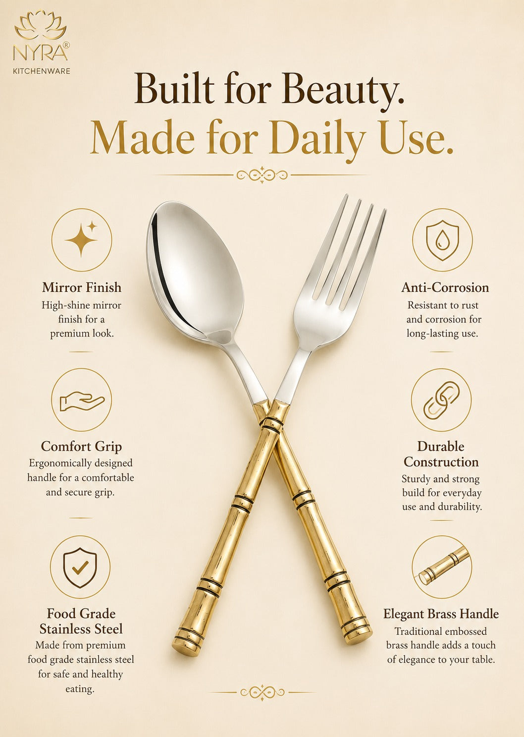 Stainless Steel Brass Traditional Cutlery Set of 15 Pcs