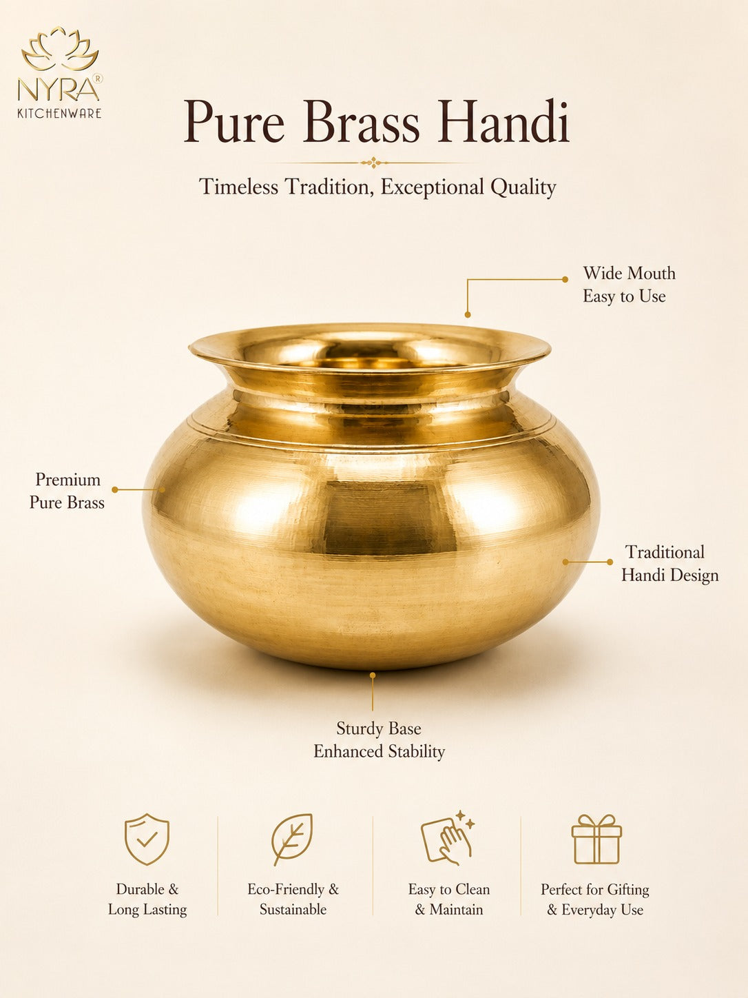 Pure Brass Handi (Peetal Pot) with Smooth Finish | Elegant Serving & Cooking Vessel