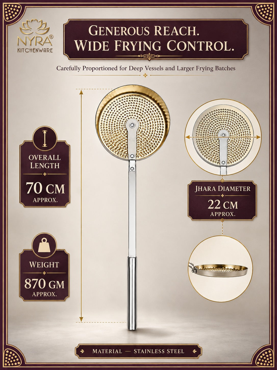 Stainless Steel Deep Fry Skimmer / Jhara | Long Handle Wire Strainer for Frying
