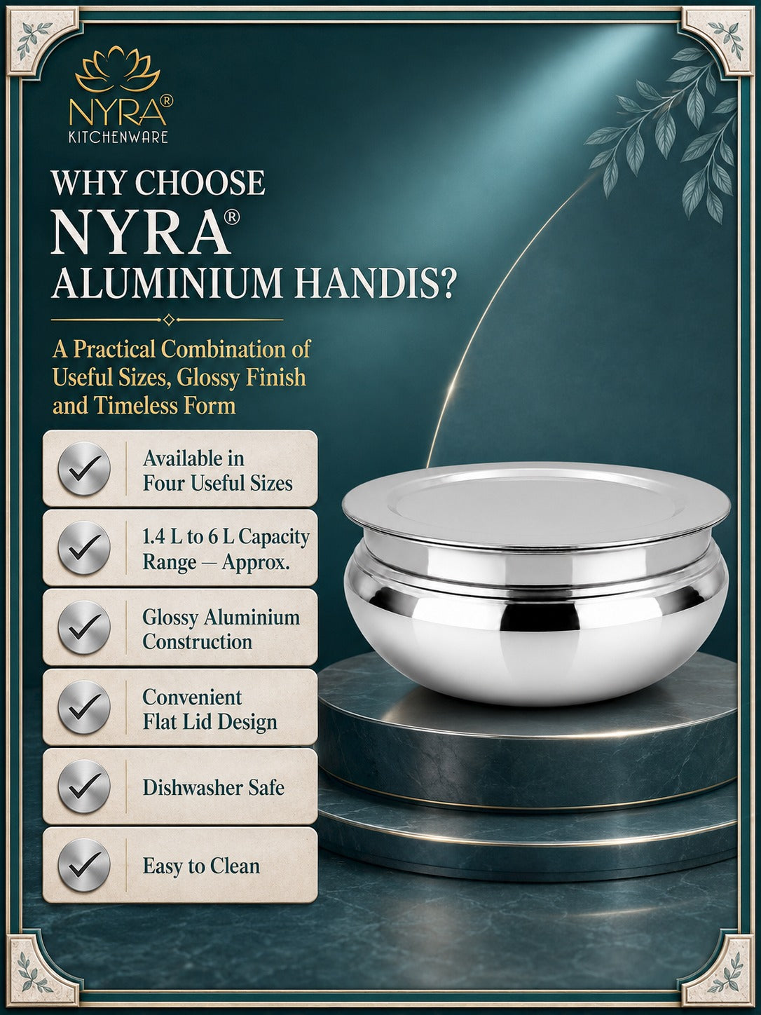 Aluminum Handi with Lid - Glossy Finish Cooking Pot - 4 Sizes