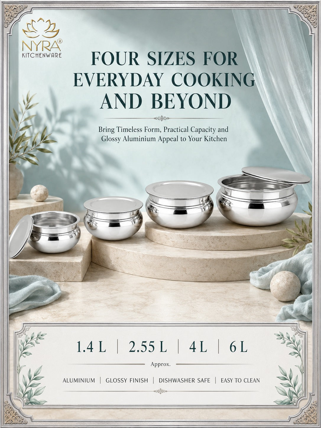 Aluminum Handi with Lid - Glossy Finish Cooking Pot - 4 Sizes