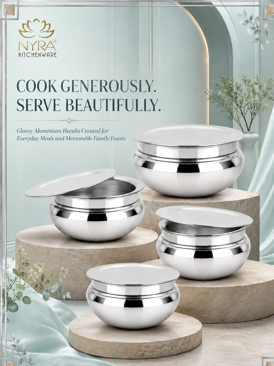 Aluminum Handi with Lid - Glossy Finish Cooking Pot - 4 Sizes