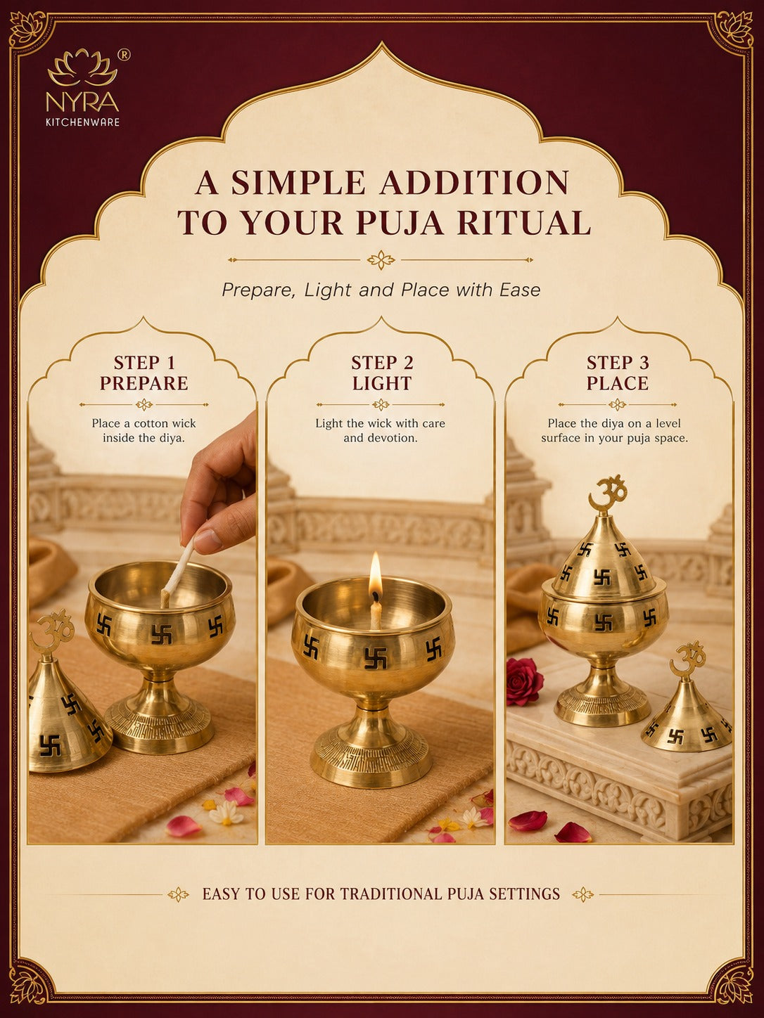 Pure Brass/Peetal Swastik Diya for Puja - 3 sizes