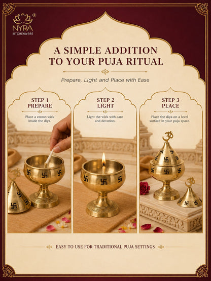 Pure Brass/Peetal Swastik Diya for Puja - 3 sizes