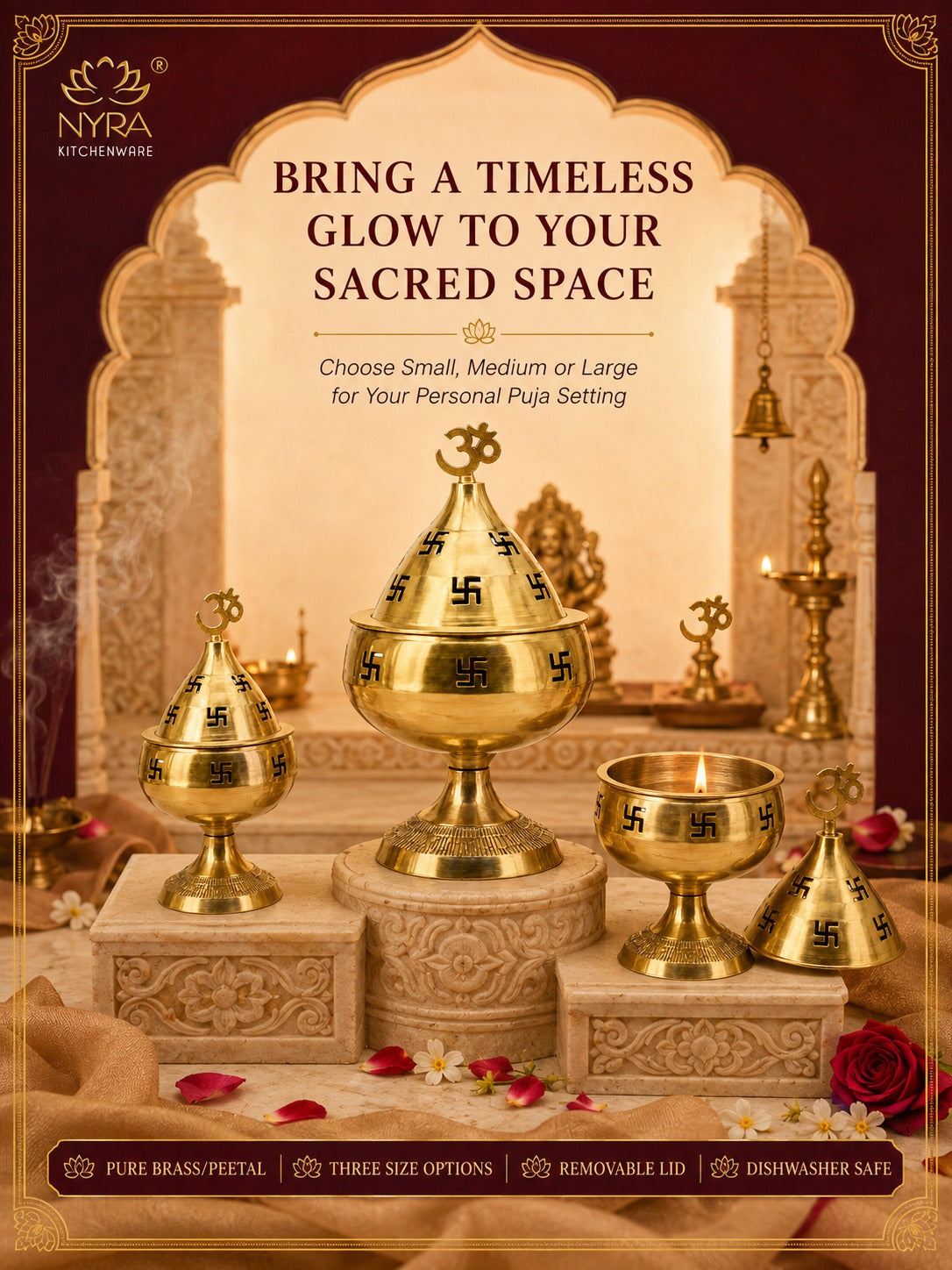 Pure Brass/Peetal Swastik Diya for Puja - 3 sizes