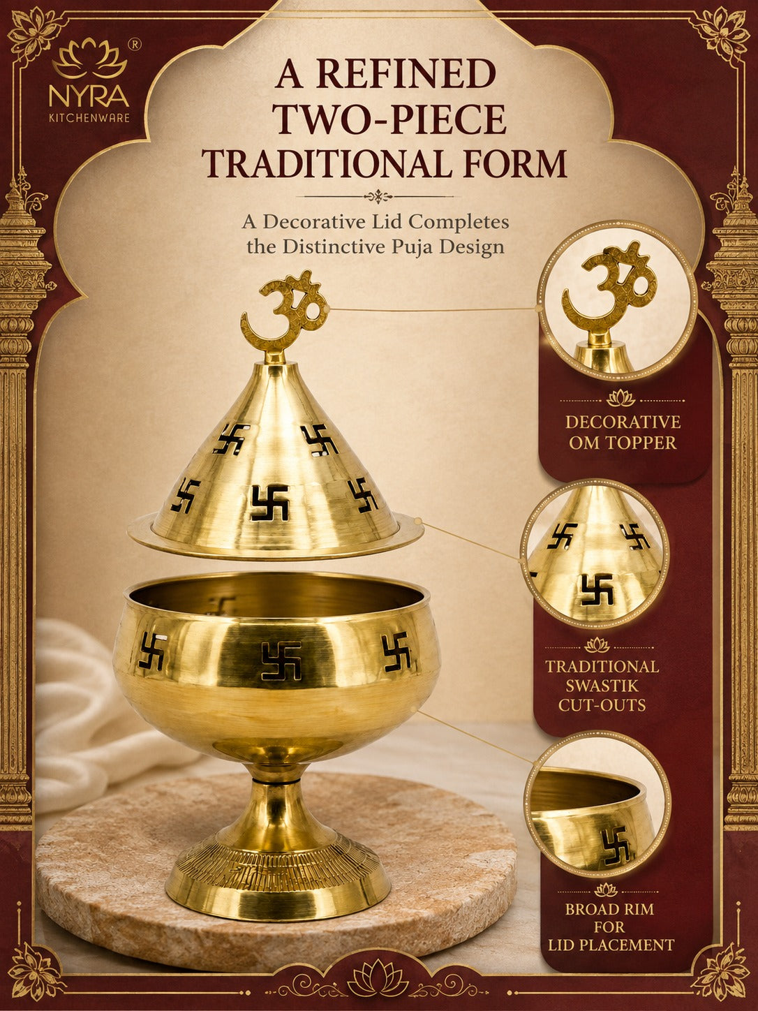 Pure Brass/Peetal Swastik Diya for Puja - 3 sizes
