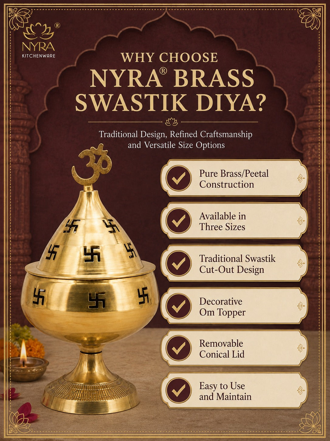 Pure Brass/Peetal Swastik Diya for Puja - 3 sizes