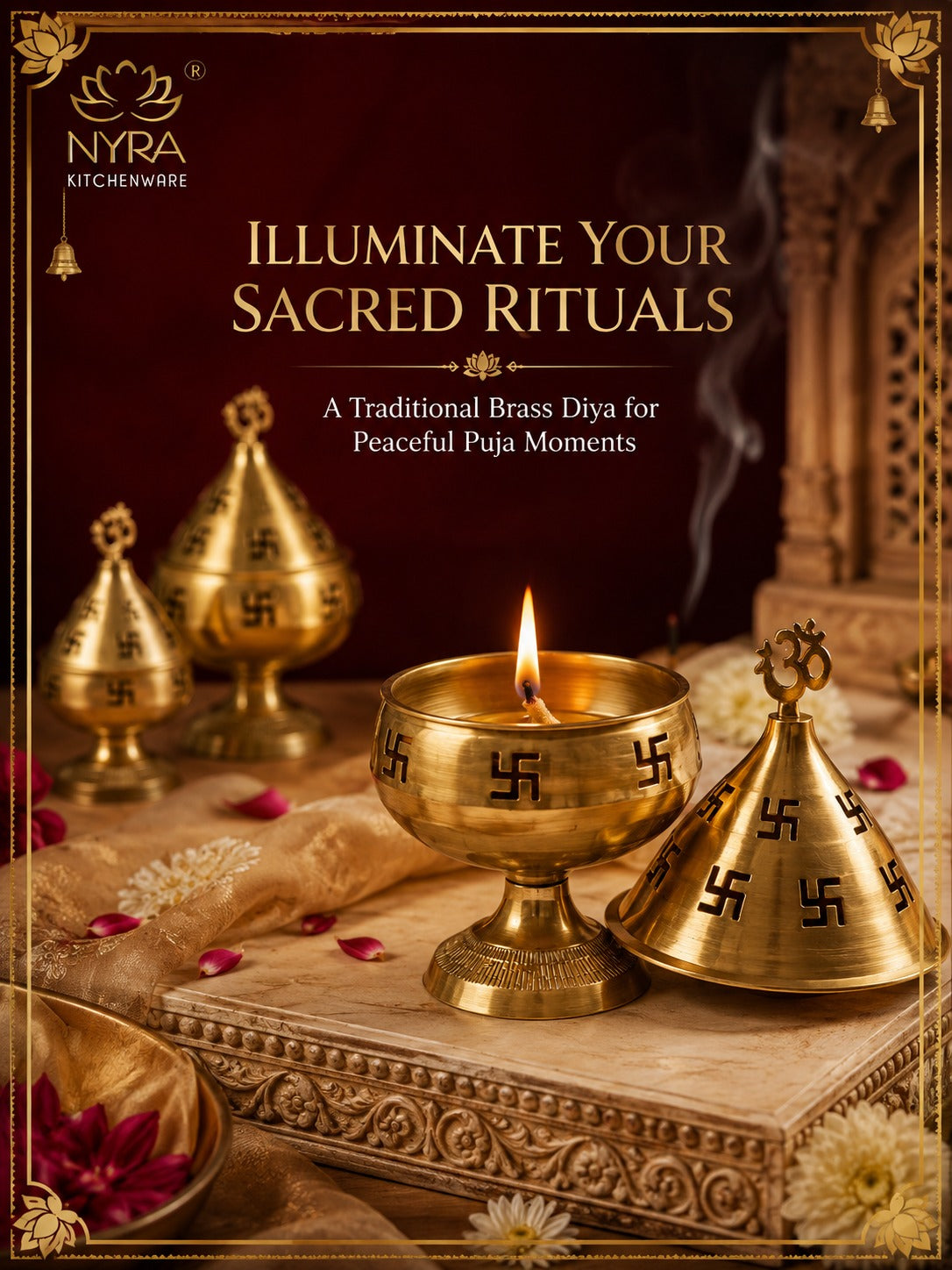 Pure Brass/Peetal Swastik Diya for Puja - 3 sizes