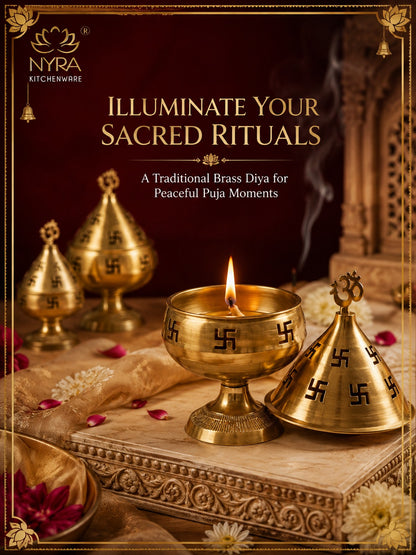 Pure Brass/Peetal Swastik Diya for Puja - 3 sizes