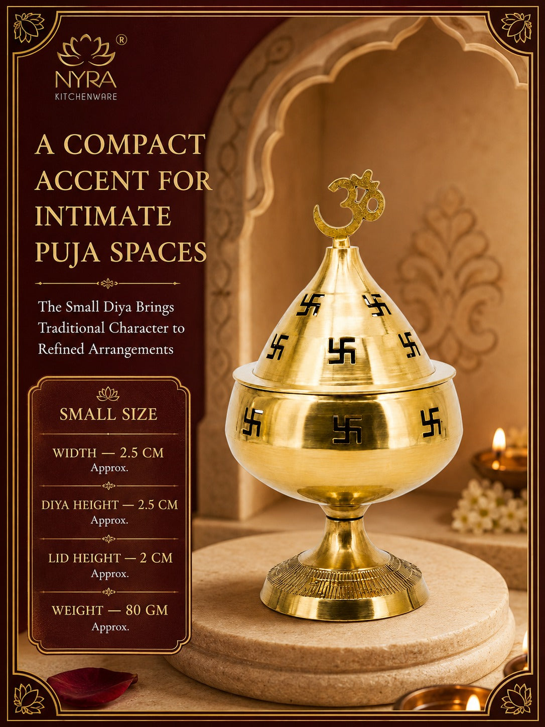 Pure Brass/Peetal Swastik Diya for Puja - 3 sizes