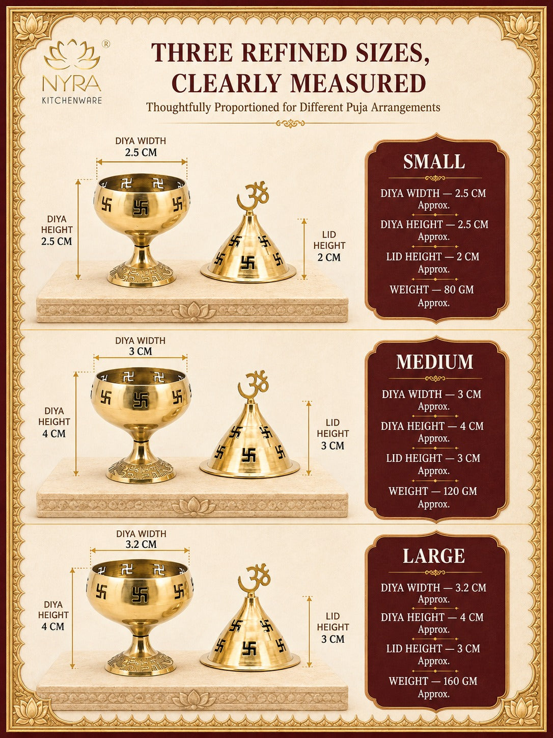 Pure Brass/Peetal Swastik Diya for Puja - 3 sizes