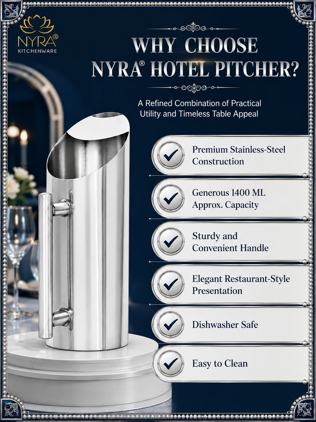 Premium Stainless Steel Hotel Pitcher | Elegant Water Jug with Sturdy Handle