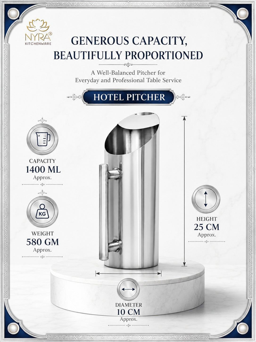 Premium Stainless Steel Hotel Pitcher | Elegant Water Jug with Sturdy Handle