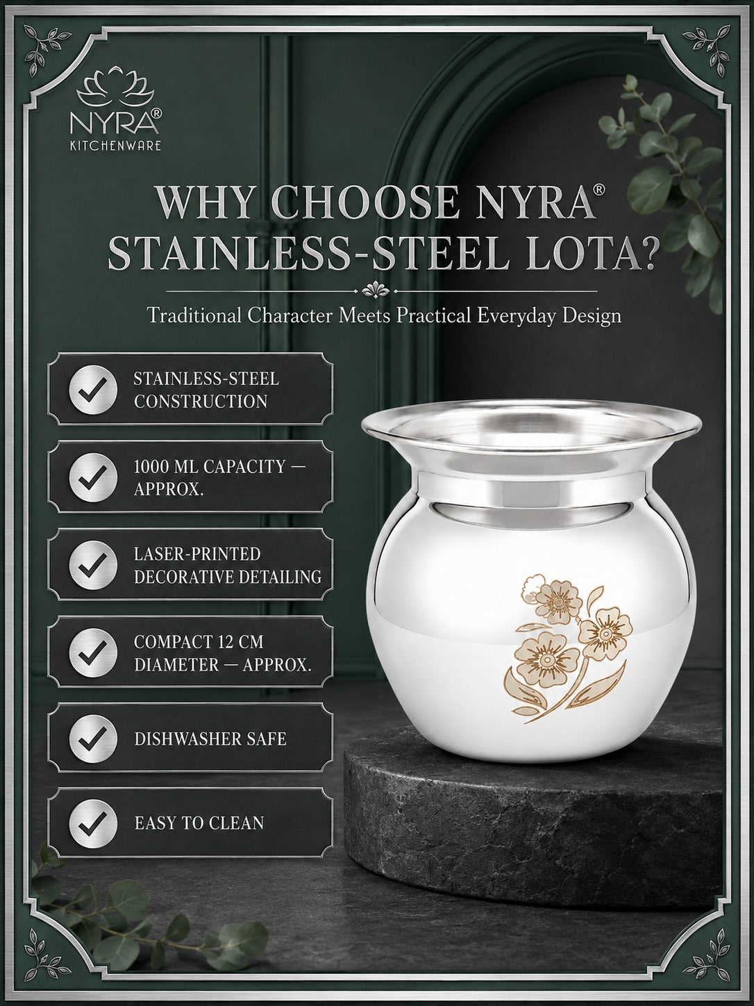 Stainless Steel water-storage Container/Lota | Steel Multipurpose Kalash - 1 Ltr.