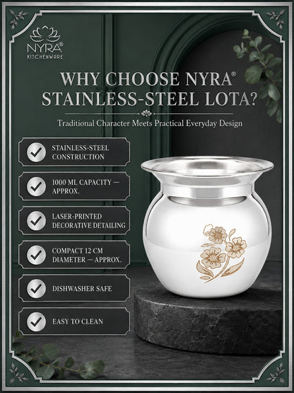 Stainless Steel water-storage Container/Lota | Steel Multipurpose Kalash - 1 Ltr.
