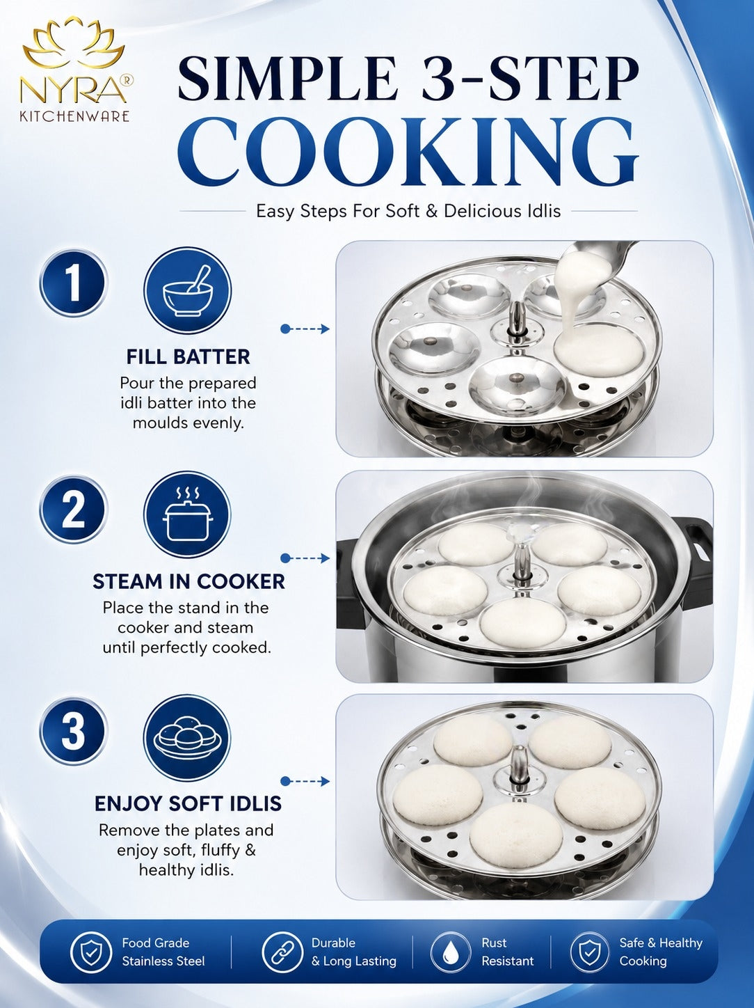 Stainless Steel Small Idli Maker | Stainless Steel Idli Pot - 3 & 4 Plates (5 Idli Per Plate)