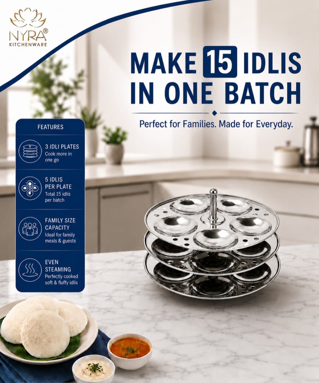 Stainless Steel Small Idli Maker | Stainless Steel Idli Pot - 3 & 4 Plates (5 Idli Per Plate)