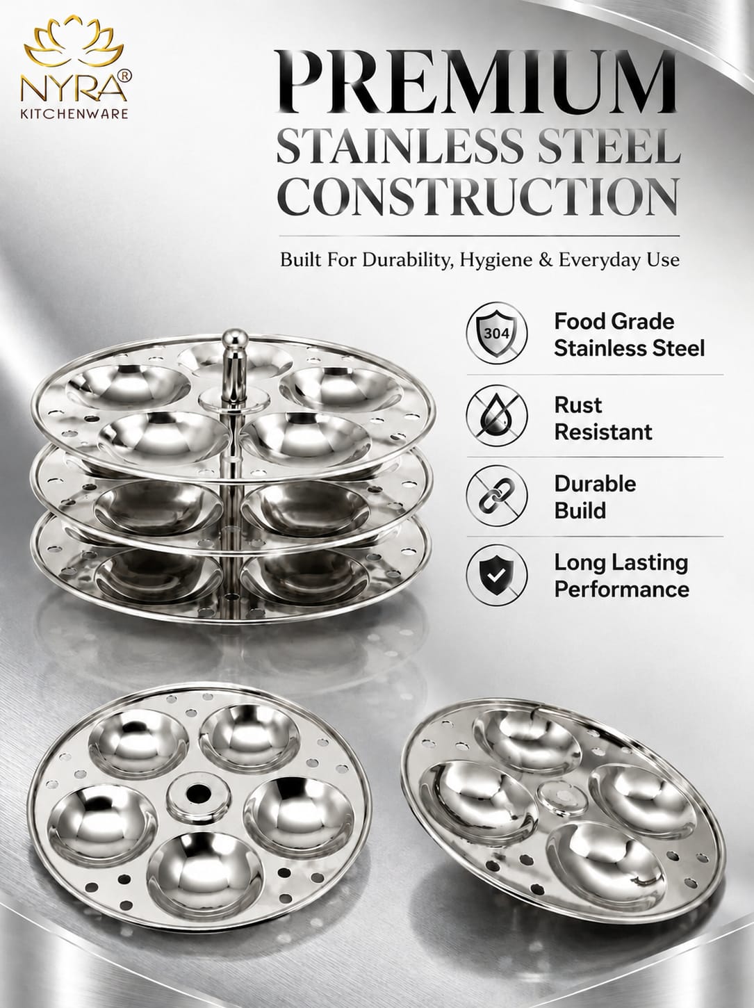 Stainless Steel Small Idli Maker | Stainless Steel Idli Pot - 3 & 4 Plates (5 Idli Per Plate)