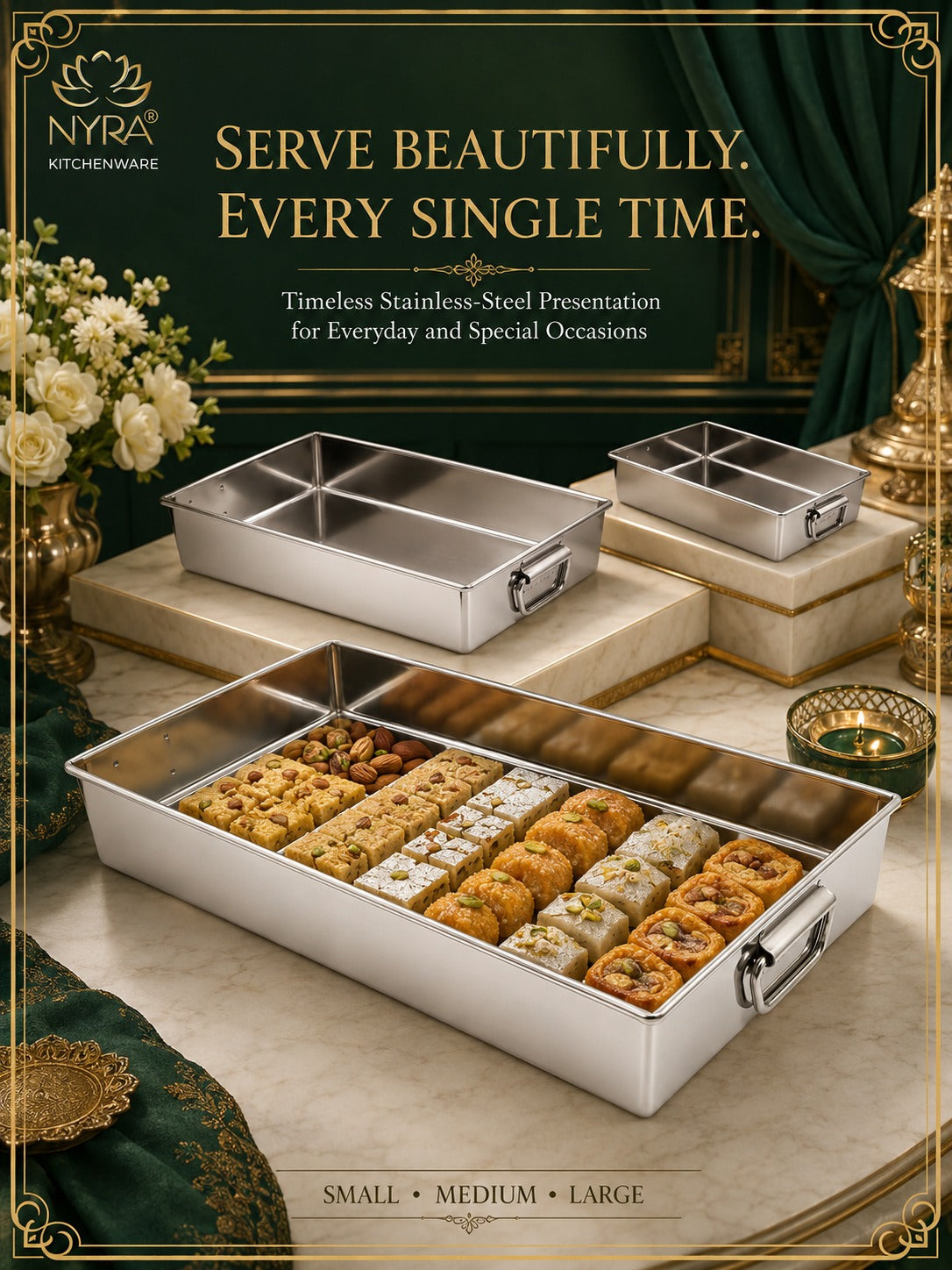 Stainless Steel Handle Serving Tray – Multipurpose Trays for Serving Sweets & Snacks