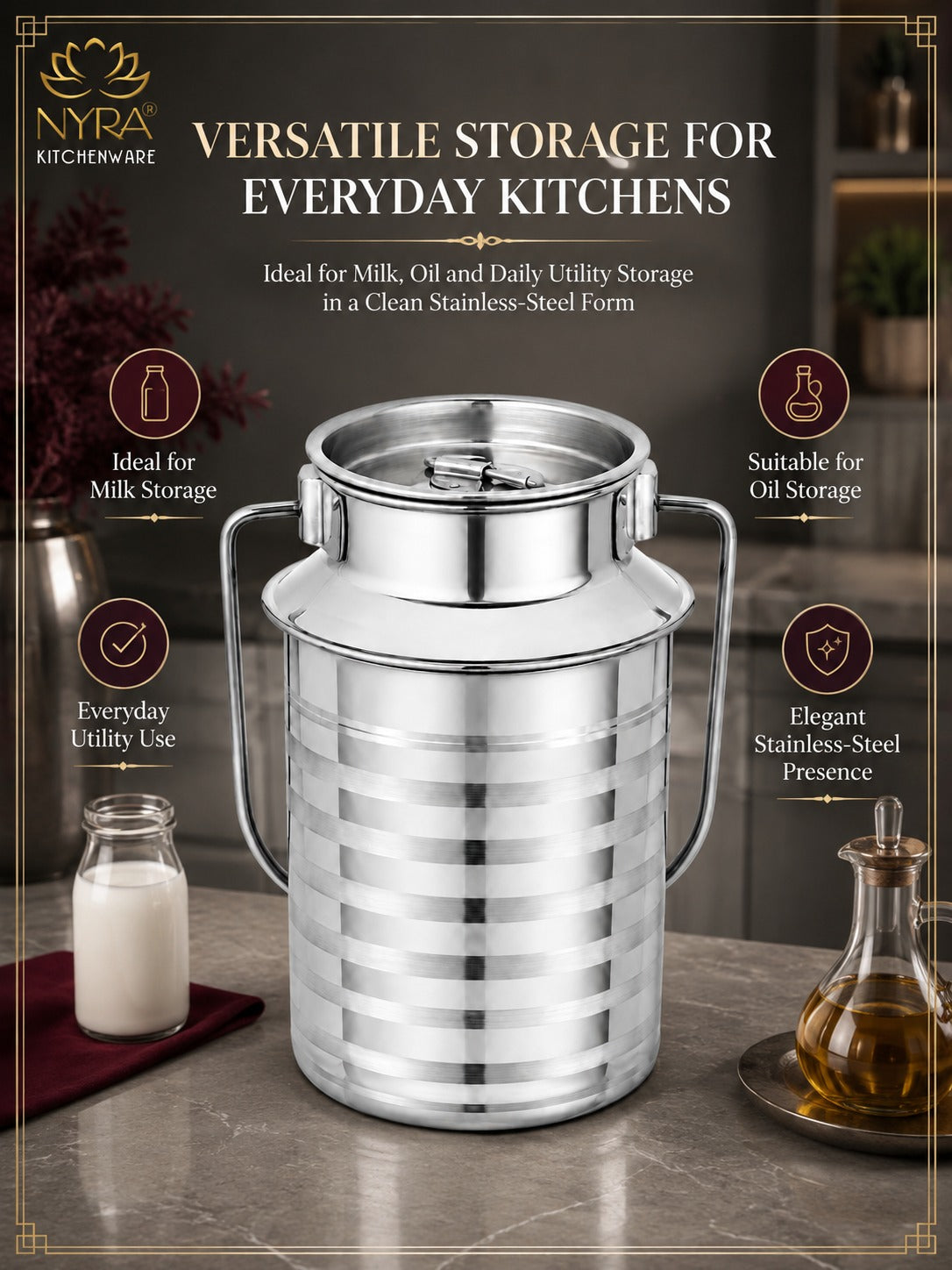Stainless Steel Jointless Milk Can/Oil Can with Lid - Milk and Oil Storage Container/Balti