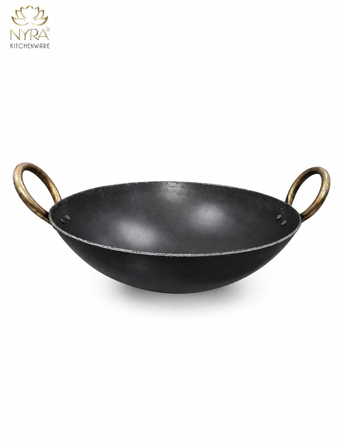 A black cast iron kadhai with brass-colored loop handles, shown on a plain white background with the NYRA Kitchenware logo in the top left corner.
